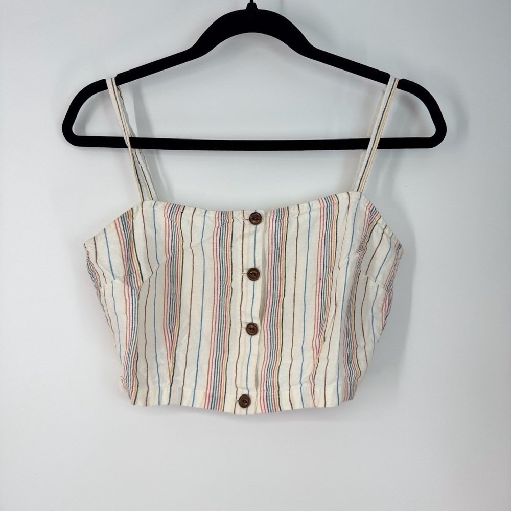 Outer Known Striped Front Button Up Spaghetti Strap Crop Top